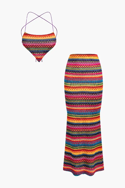 Contrast Stripe Cami Top And Skirt Set wool skirt warm