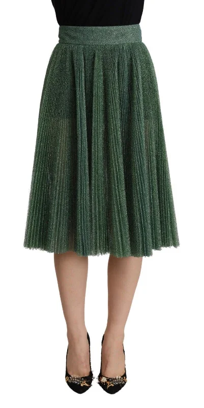 Dolce & Gabbana Metallic Green Pleated A-Line Midi Skirt low waist skirt
