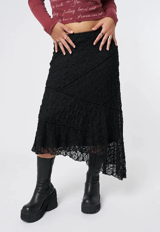 Minga London - Nolia Lace Asymmetric Midi Black - Skirt corduroy skirt comfortable