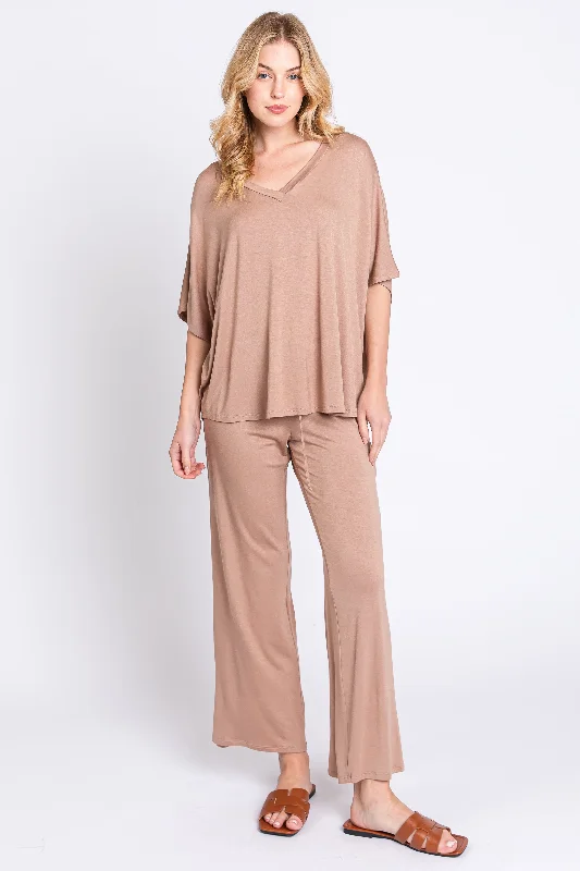 Mocha Cropped Pant Set Comfortable Fleece Pants