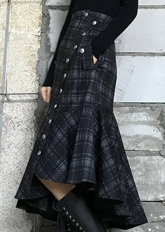 Natural Dark Grey Asymmetrical Plaid Cotton Skirts Spring leather skirt refined