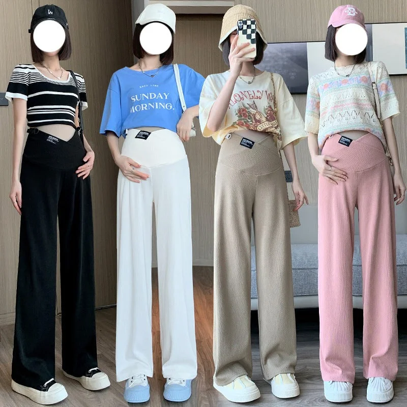 NiDELL Maternity Clothes . Summer New Ice Silk Low Waist Wide Leg Pants Drooping Slimming Fashion Cross Waist Pants Air Conditioning Pants Modern Bootcut Pants