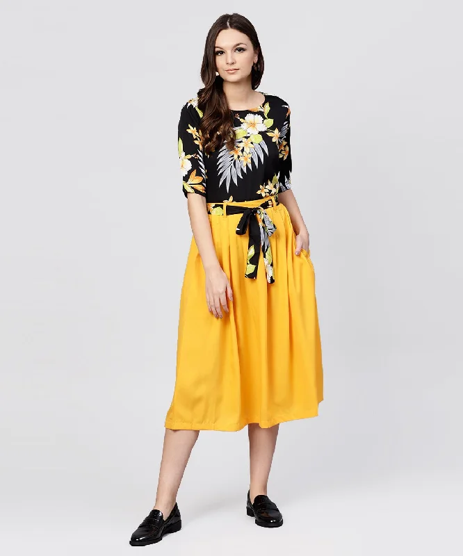 NOZ2TOZ Black Printed Half Sleeve Tops With Yellow Calf Length Skirt With Belt breathable skirt fabric NOZ2TOZ Black Printed Half Sleeve Tops With Yellow Calf Length Skirt With Belt breathable skirt fabric