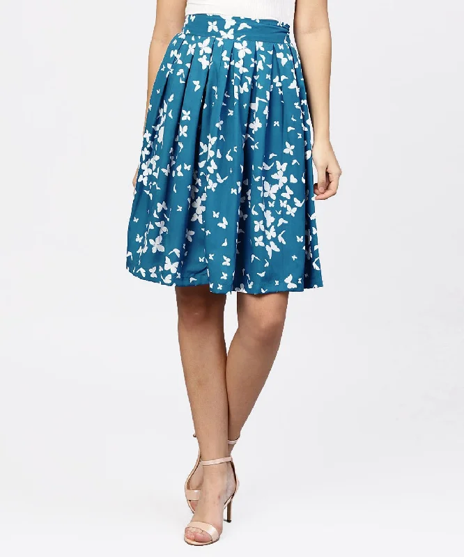 NOZ2TOZ Blue Butterfly Printed Box Pleated Skirt silk skirt lustrous