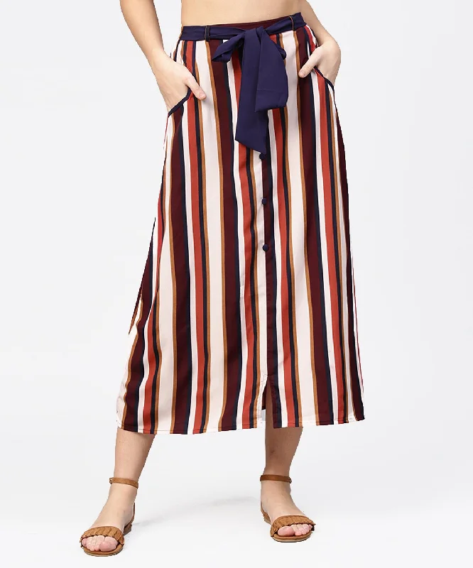 NOZ2TOZ Multi Printed Ankle Length Flared Skirt With Button Work At Front linen skirt breathable