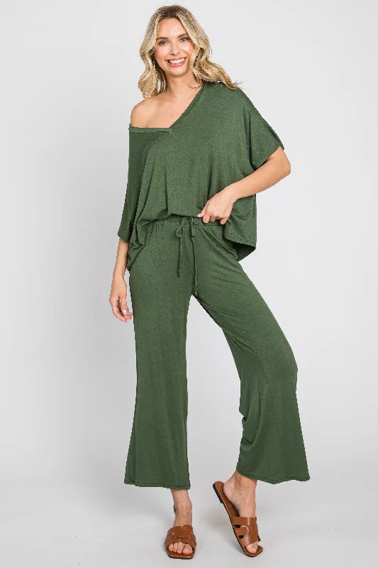 Olive Cropped Pant Set Trendy Wide-Legged Trousers