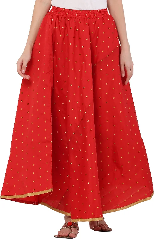 PAVONINE Red Color Golden Zari Work Satan Fabric Maxi Skirt For Women spandex blend skirt