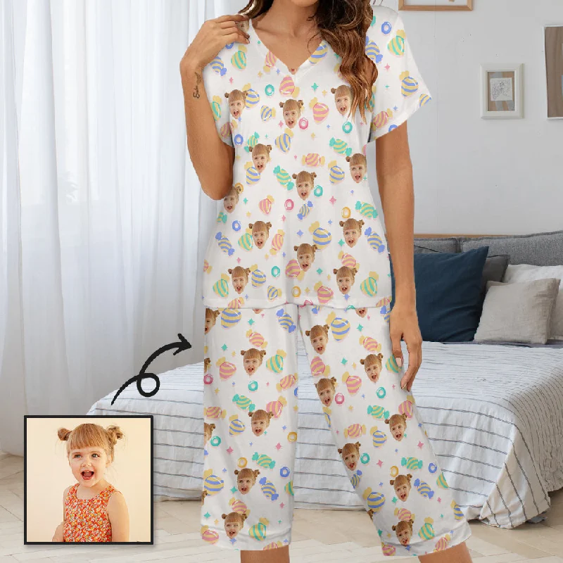 Personalized Any Face Women's Pajama Set Custom Face&Candy On Women's V-Neck Short Sleeve&Capri Pants Pajama Sets Comfortable Maternity Pants