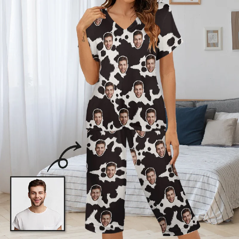 Personalized Face Women's Pajama Set Custom Cow Pattern Women's V-Neck Short Sleeve&Capri Pants Pajama Sets Comfy Athletic Pants