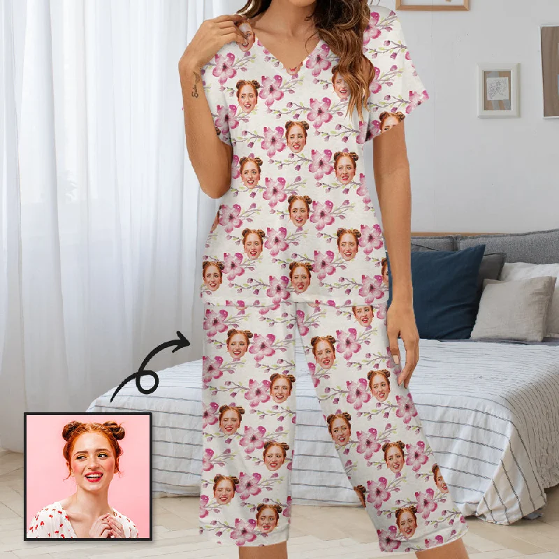 Personalized Face Women's Pajama Set Custom Face Pink Flowers Women's V-Neck Short Sleeve&Capri Pants Pajama Sets Cozy Knit Pants