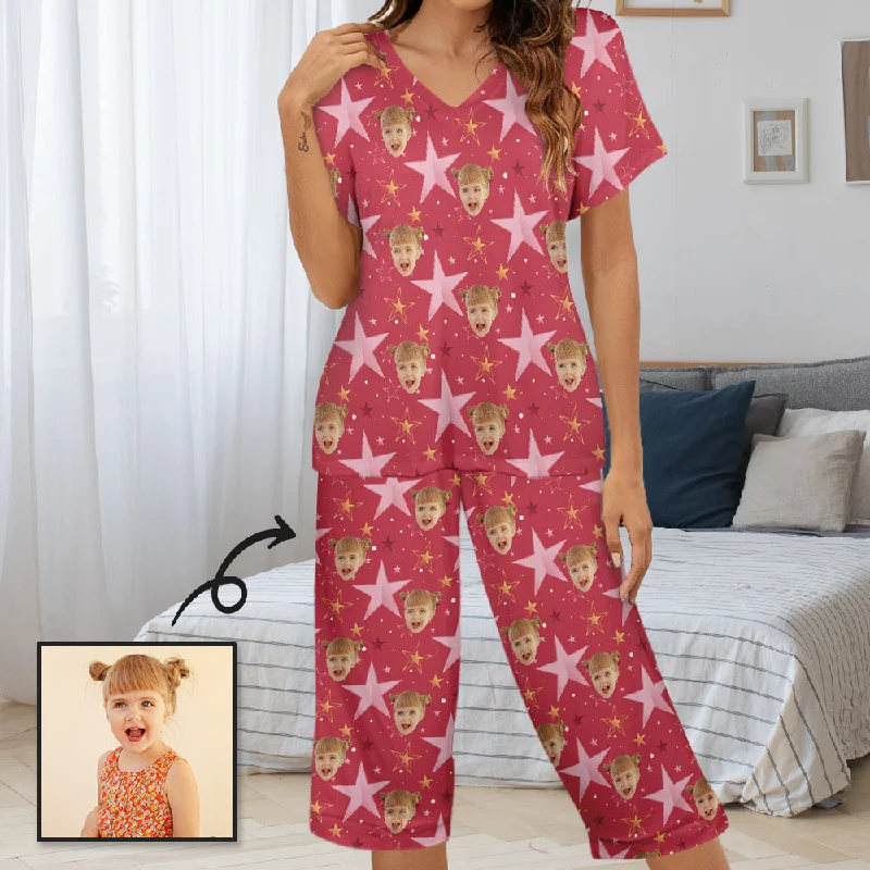 Personalized Face Women's Pajama Set Custom Face Stars Red Women's V-Neck Short Sleeve&Capri Pants Pajama Sets Chic Wool Trousers