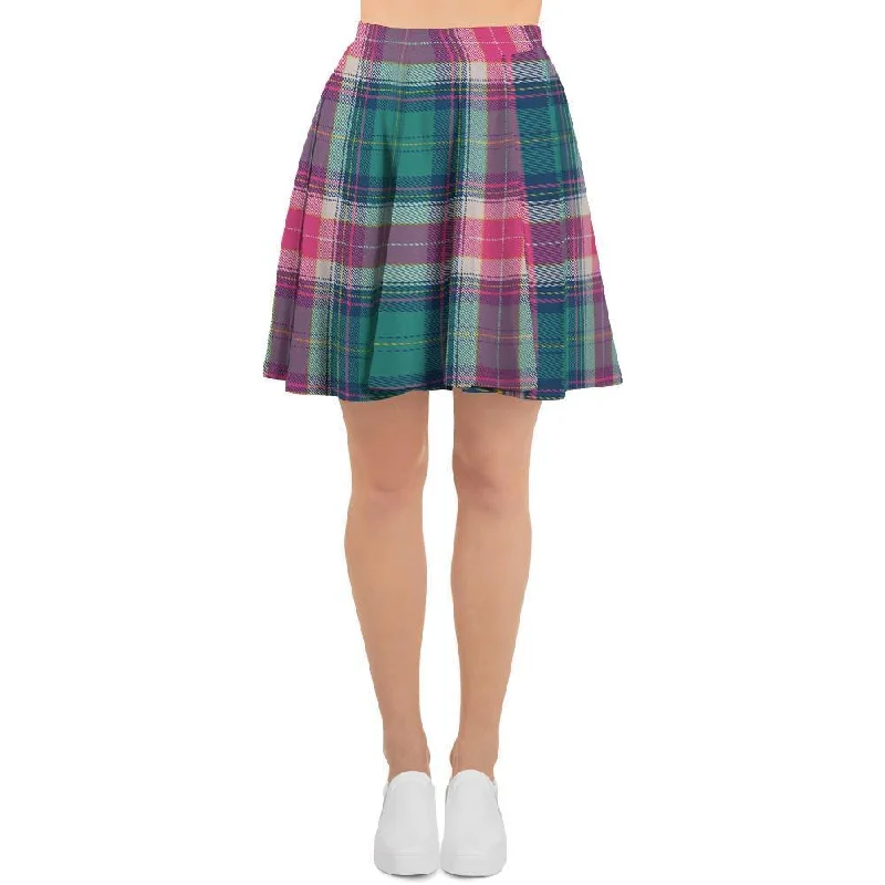 Pink Teal Plaid Tartan Women's Skirt linen skirt airy
