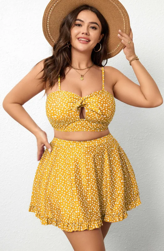 Plus Size Ditsy Random Print Ruffle Hem Cover Up Skirt Yellow breathable skirt fabric