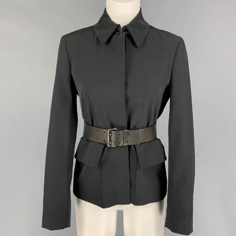 PRADA Size 4 Black Polyester Leather Belted Jacket Mesh Jacket Canvas Jacket Denim Jacket PRADA Size 4 Black Polyester Leather Belted Jacket Mesh Jacket Canvas Jacket Denim Jacket