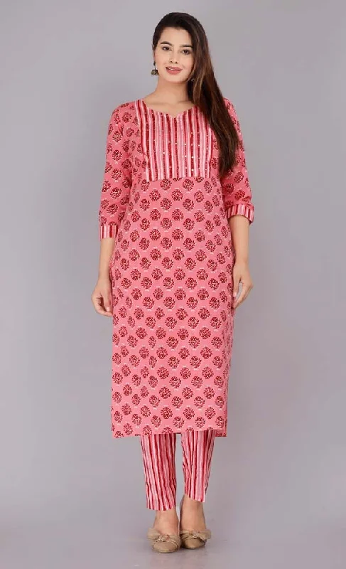 Pure Cotton Woman Kurta And Pant Set in Pink Colour Classic Pleated Pants