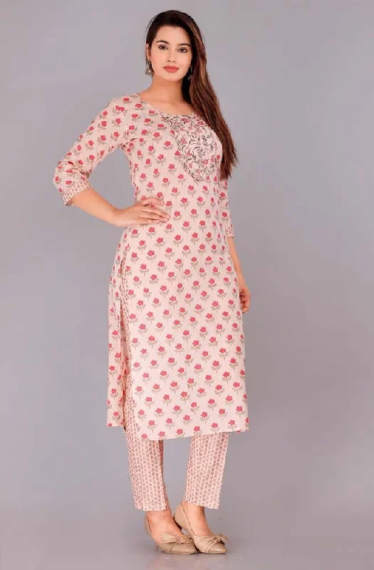 Pure Cotton Woman Kurta And Pant Set in Pink Colour Comfortable Pleated Pants