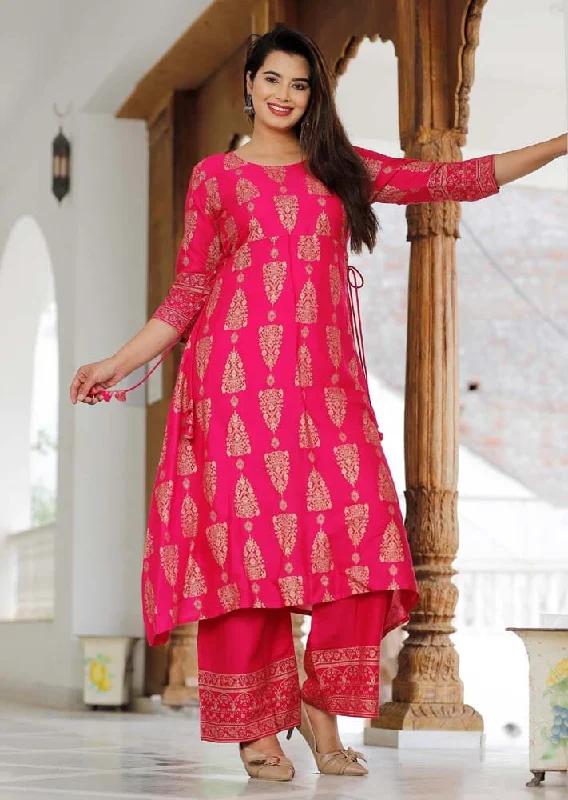 Rayon Material Woman Kurta And Pant Set in Pink Colour Formal Dress Pants