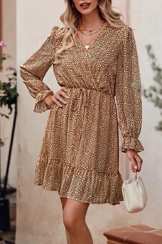 Ruffle Long Sleeve Leopard Print V Neck Mini Dress Casual Mini Dress with Pockets