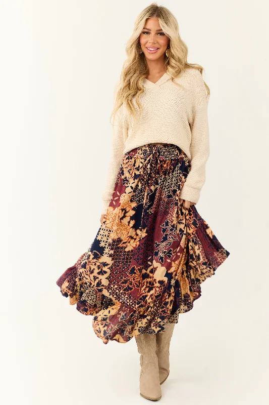 Sangria Abstract Floral Print Maxi Skirt linen skirt breathable