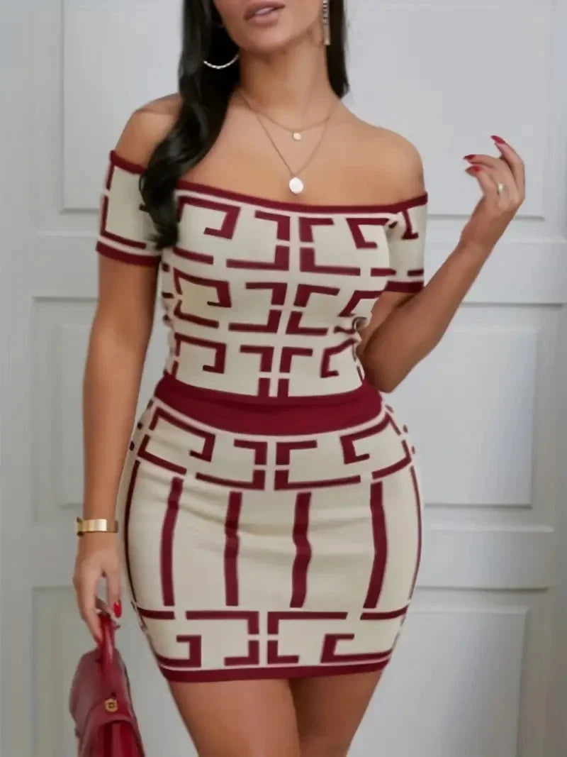 Sexy Geometric Print Two-piece Off Shoulder Top Slim Skirt velvet skirt glossy