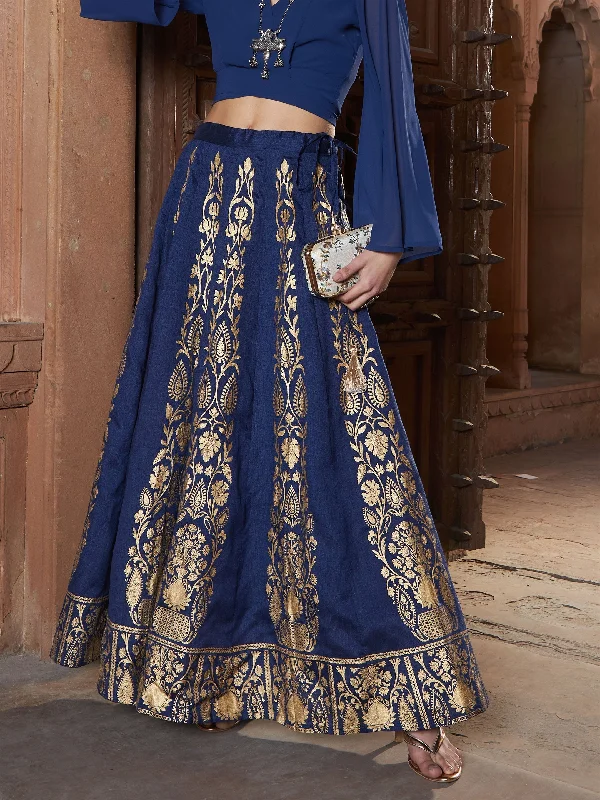 Lyush Women Navy Floral Foil Print Anarkali Skirt lace skirt elegant