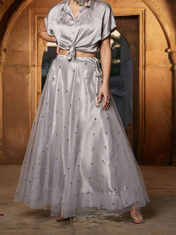 Lyush Women Grey Tulle Sequin Anarkali Skirt mini skirt trendy
