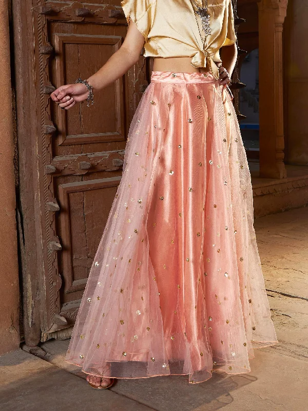 Lyush Women Peach Tulle Sequin Anarkali Skirt linen skirt light