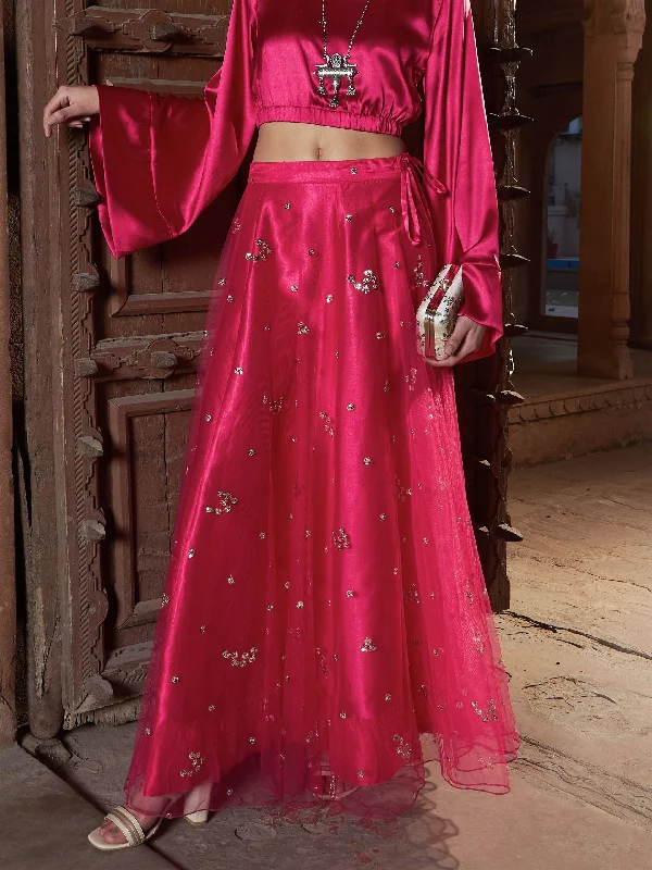 Lyush Women Fuchsia Tulle Sequin Bias Flare Anarkali Skirt wool skirt warm