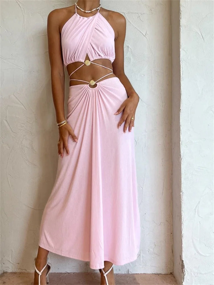 JuliaFashion - Solid Color Halter Backless Tank Crop Tops Long Skirts Suits pencil skirt chic