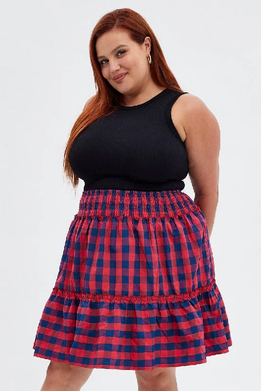 Stripe Shirred Waist Check Skater Skirt ruffled skirt detail