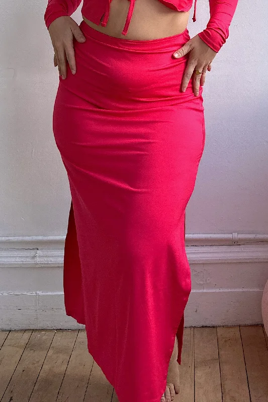 The Midi Skirt With Slits - Fuego Pink asymmetrical skirt cut