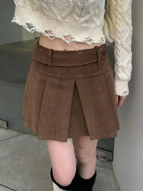 Vintage Brown Corduroy Belted Pleated Mini Skirt vintage skirt charm