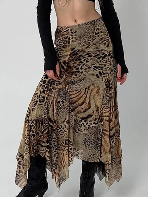 Vintage Leopard Print Asymmetrical Hem Midi Skirt lace skirt intricate