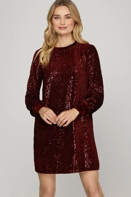 WINE SEQUIN ROUND NECK VELVET CONTRAST MINI DRESS SSY7835 Classic Striped Mini Dress WINE SEQUIN ROUND NECK VELVET CONTRAST MINI DRESS SSY7835 Classic Striped Mini Dress