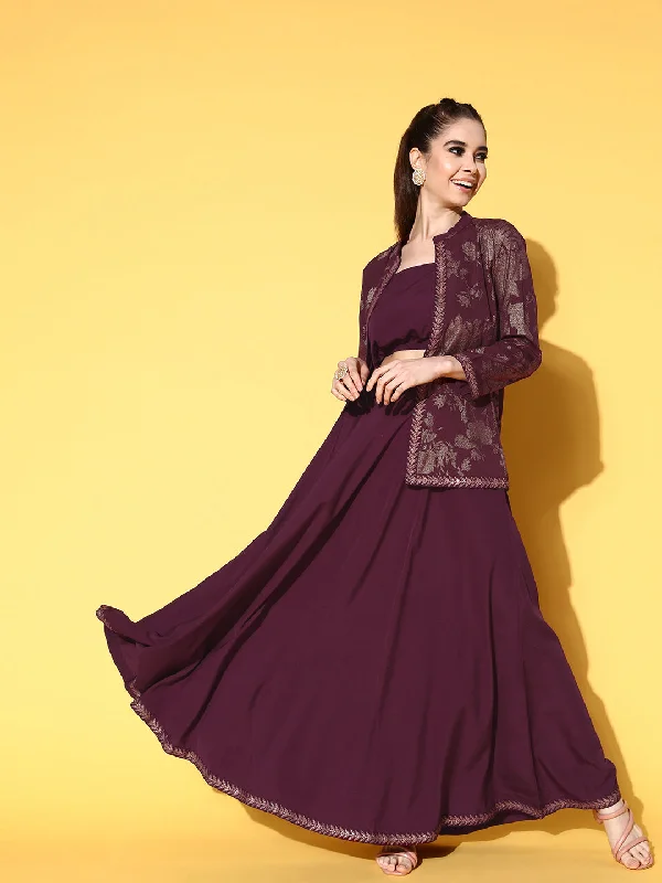 Women's Burgundy Top With Skirt & With Jacket - Ahalyaa lace skirt delicate