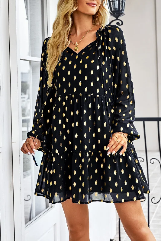 Ruffle Polka Dot  Loose Tunic Tiered Swing Mini Dress Fashionable Boho-Chic Mini Dress