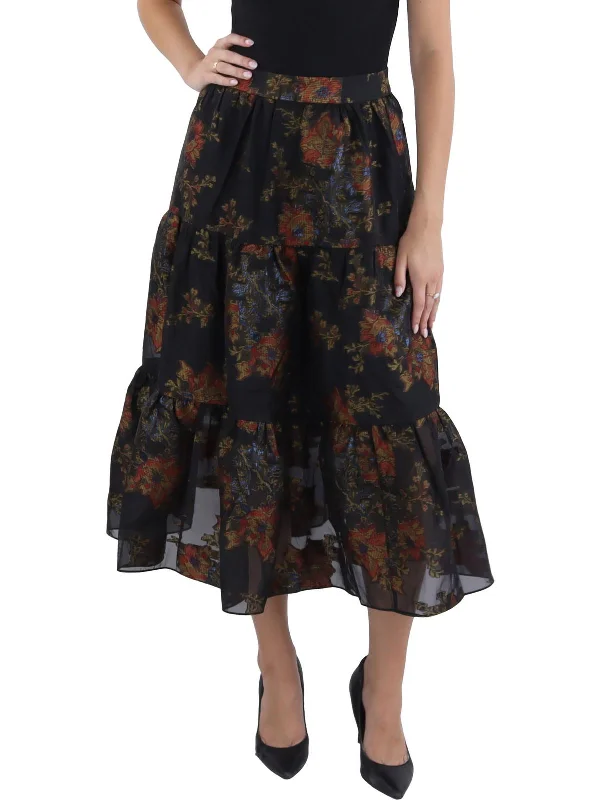 Womens Floral Print Tiered Midi Skirt leather skirt bold