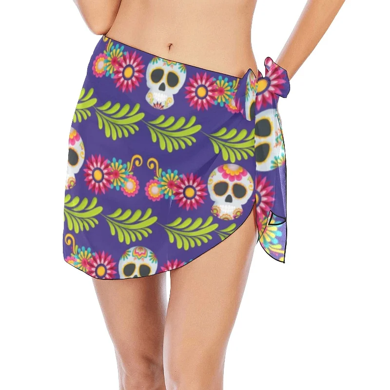 Women's Sugar Skull Floral Beach Sarong Wrap chiffon skirt lightweight