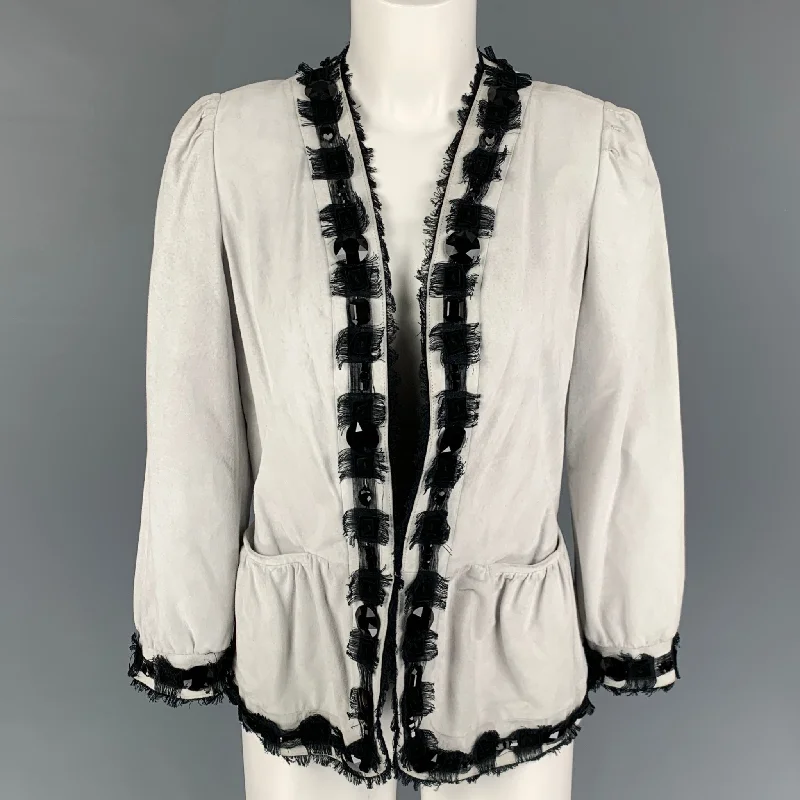 YVES SAINT LAURENT Size 6 Off White Black Leather Beaded Jacket A-Line Jacket Boat Neck Shawl Collar YVES SAINT LAURENT Size 6 Off White Black Leather Beaded Jacket A-Line Jacket Boat Neck Shawl Collar