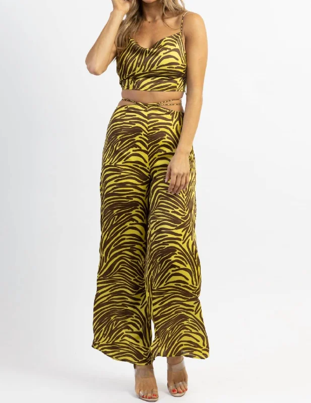 Zebra Wide Leg Pant Set In Lime + Brown Stylish Elastic Waist Pants